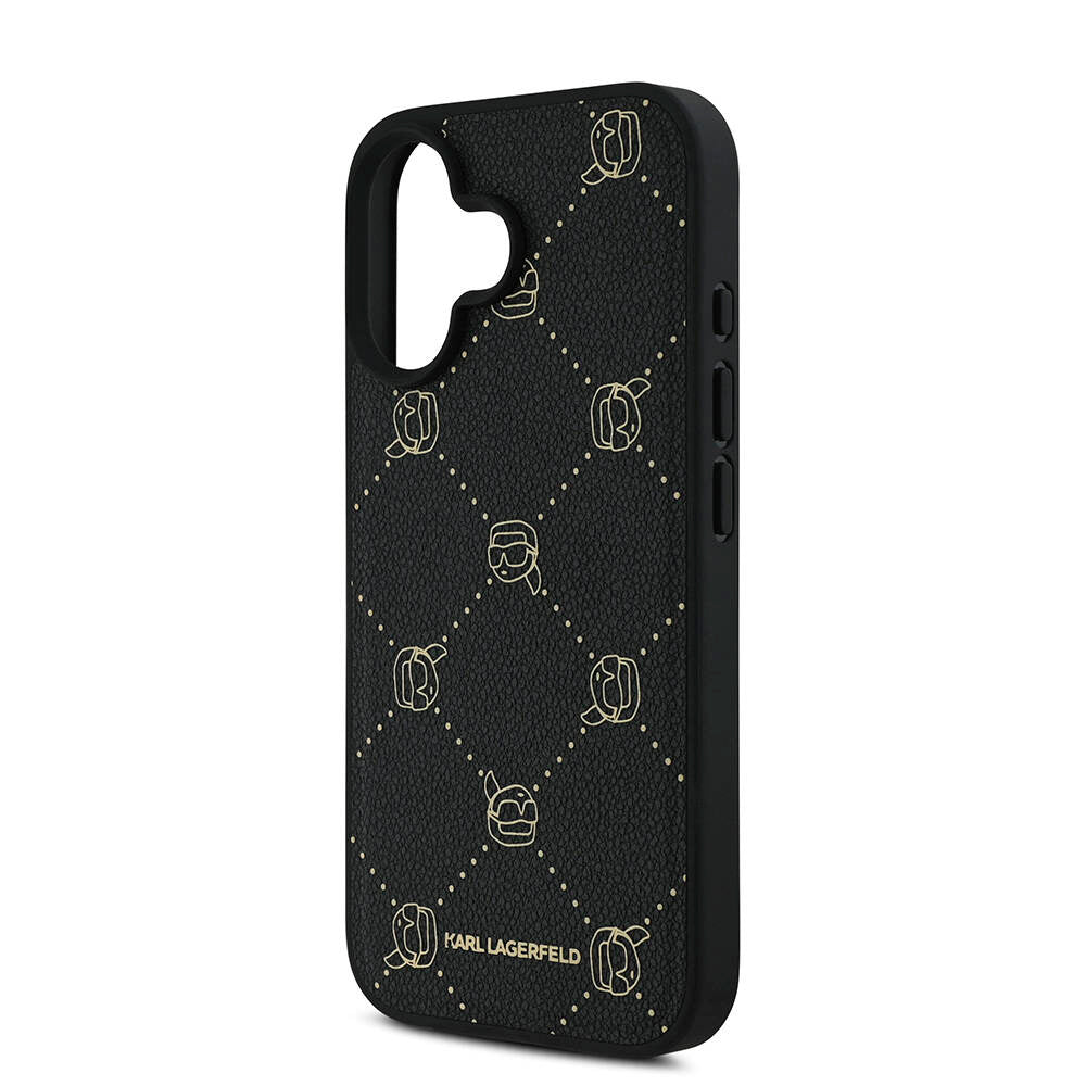 Apple iPhone 16 Kılıf Karl Lagerfeld Orjinal Lisanslı Magsafe Şarj Özellikli PU Deri Karl Heads Desenli Klasik Logolu Kapak Siyah