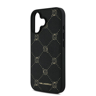 Apple iPhone 16 Kılıf Karl Lagerfeld Orjinal Lisanslı Magsafe Şarj Özellikli PU Deri Karl Heads Desenli Klasik Logolu Kapak Siyah