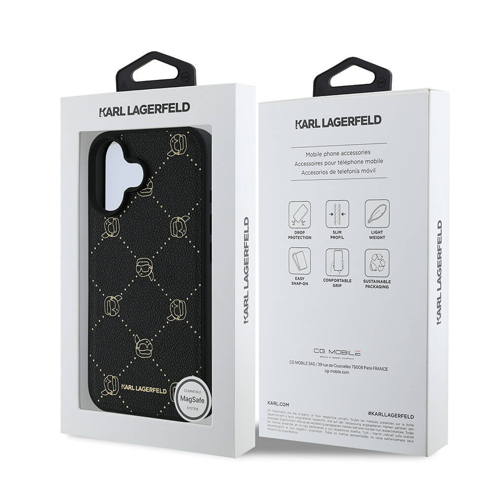 Apple iPhone 16 Kılıf Karl Lagerfeld Orjinal Lisanslı Magsafe Şarj Özellikli PU Deri Karl Heads Desenli Klasik Logolu Kapak Siyah