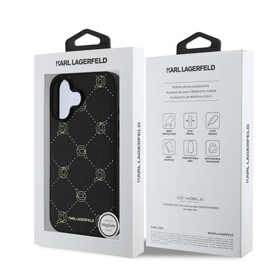 Apple iPhone 16 Kılıf Karl Lagerfeld Orjinal Lisanslı Magsafe Şarj Özellikli PU Deri Karl Heads Desenli Klasik Logolu Kapak Siyah