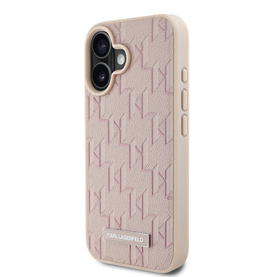 Apple iPhone 16 Kılıf Karl Lagerfeld Orjinal Lisanslı Magsafe Şarj Özellikli KL Yazılı Hot Stamp Kapak Pembe