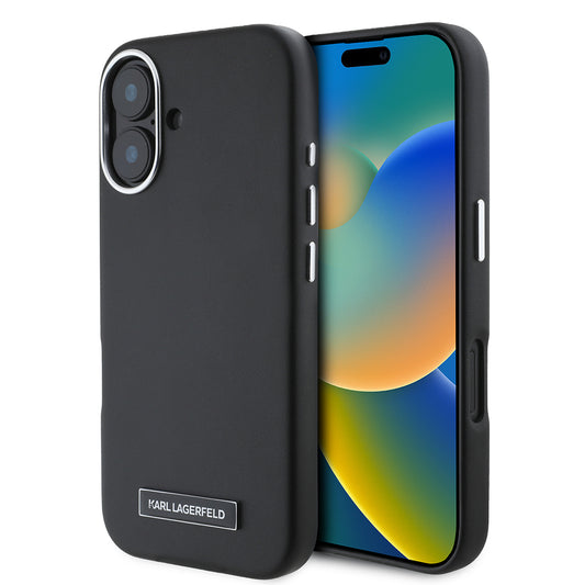 iPhone 16 Kılıf Karl Lagerfeld Orjinal Lisanslı M-safe Şarj Özellikli Metal Kamera ve Buton Tasarımlı Plaka Logolu PU Deri Kılıf