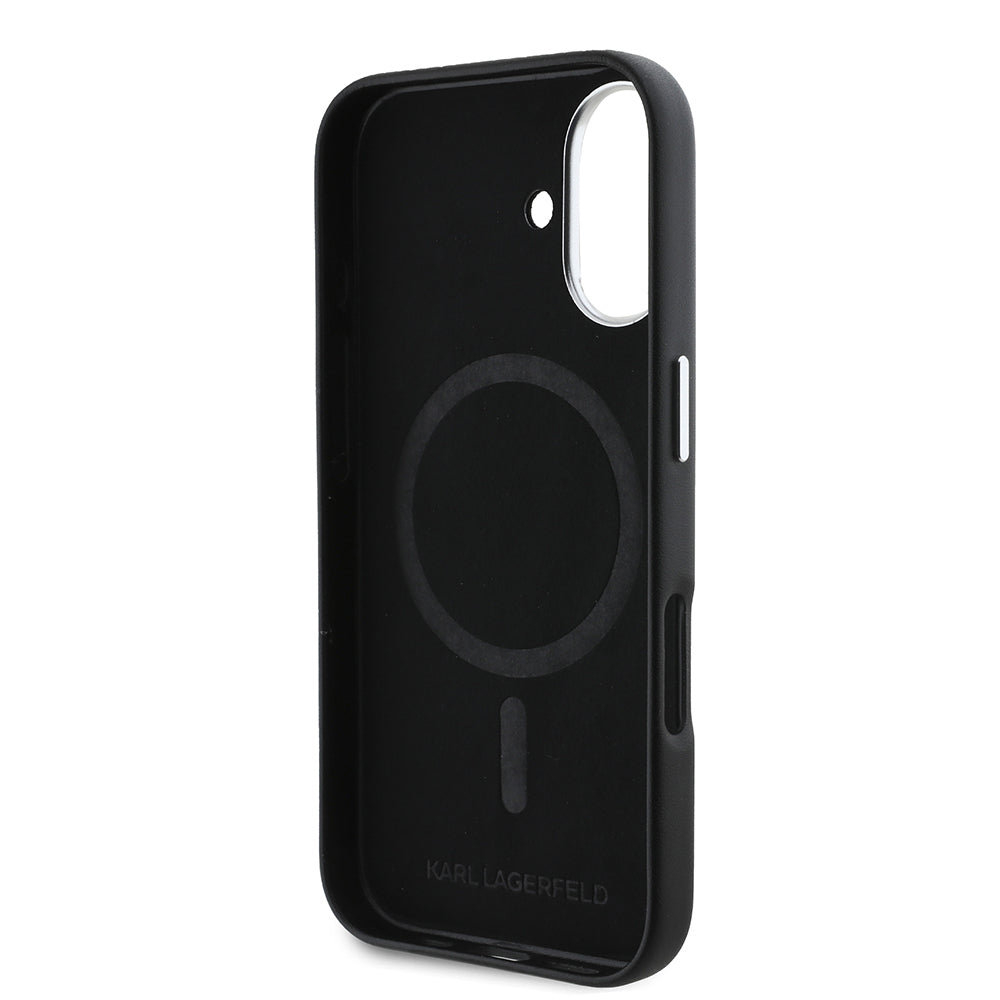 iPhone 16 Kılıf Karl Lagerfeld Orjinal Lisanslı M-safe Şarj Özellikli Metal Kamera ve Buton Tasarımlı Plaka Logolu PU Deri Kılıf