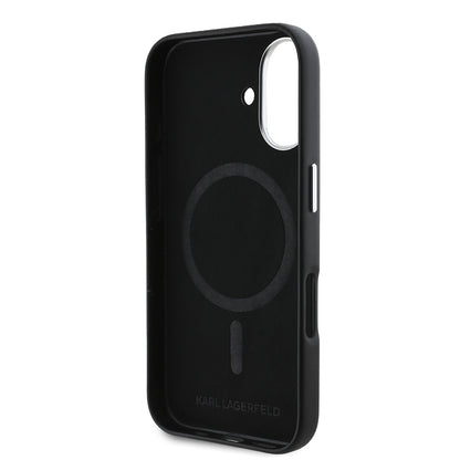iPhone 16 Kılıf Karl Lagerfeld Orjinal Lisanslı M-safe Şarj Özellikli Metal Kamera ve Buton Tasarımlı Plaka Logolu PU Deri Kılıf