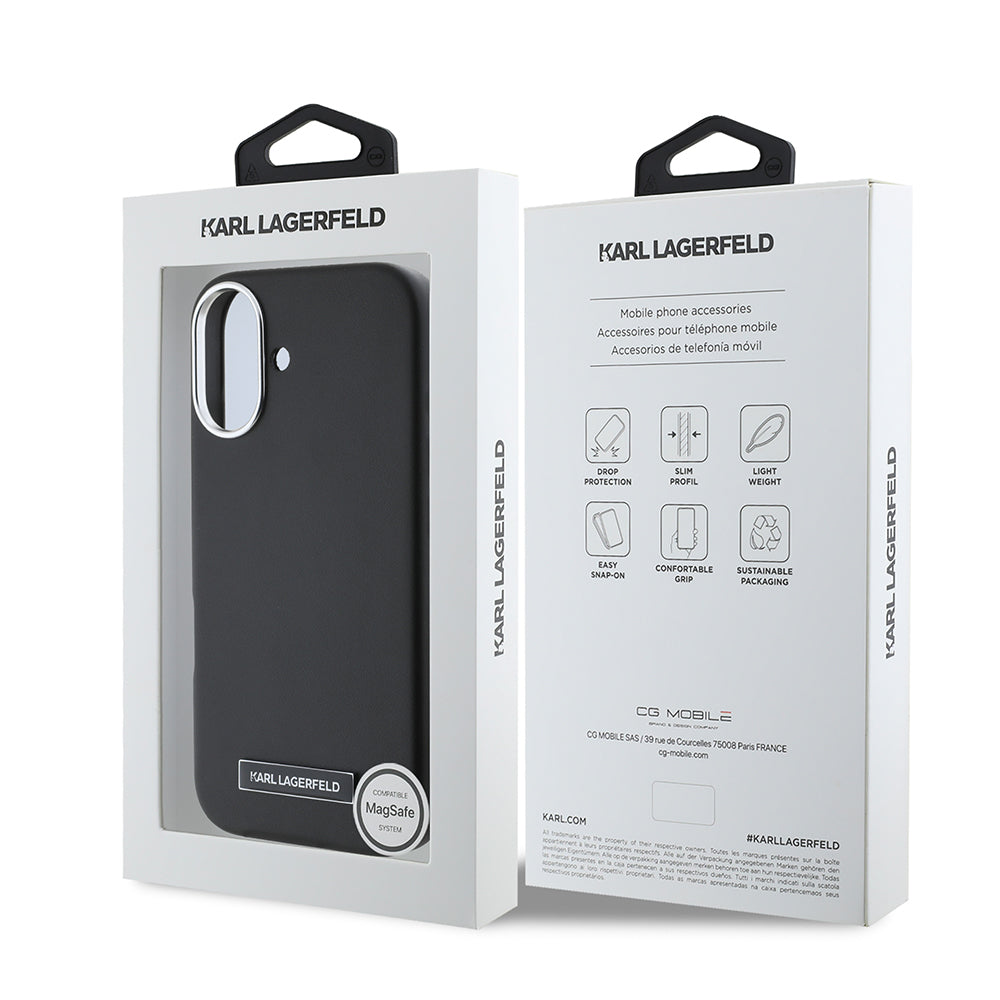 iPhone 16 Kılıf Karl Lagerfeld Orjinal Lisanslı M-safe Şarj Özellikli Metal Kamera ve Buton Tasarımlı Plaka Logolu PU Deri Kılıf