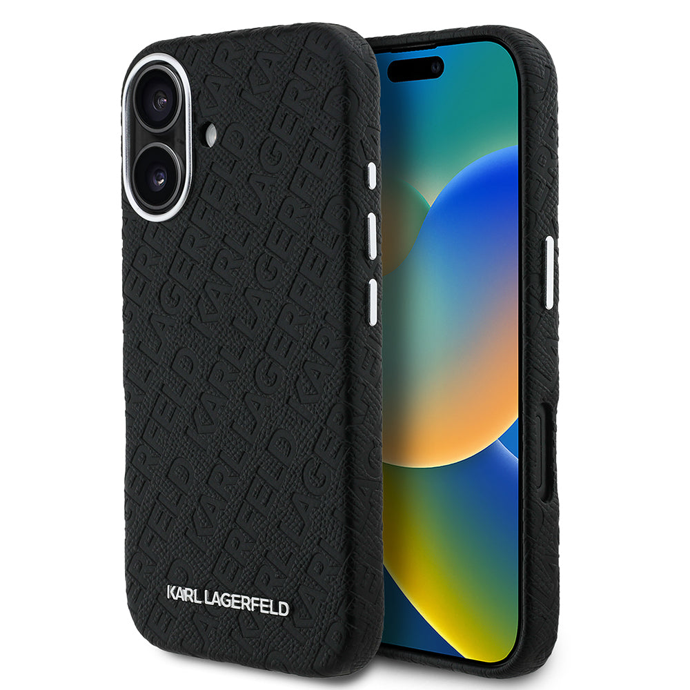 iPhone 16 Kılıf Karl Lagerfeld Orjinal Lisanslı PU Deri Damgalı Metal Yazı Logolu Kılıf