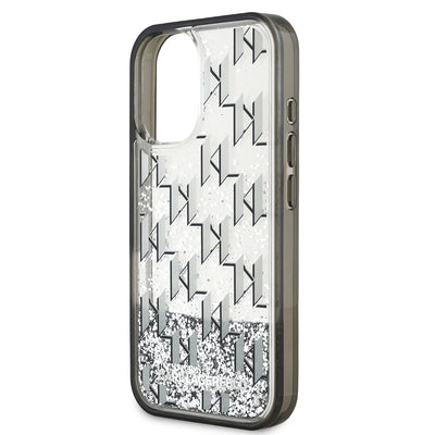 Apple iPhone 16 Kılıf Karl Lagerfeld Orjinal Lisanslı Simli KL Yazılı Monogram Gradient Kapak Siyah