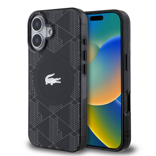 iPhone 16 Kılıf Lacoste Orjinal Lisanslı M-safe Şarj Özellikli IML Baskılı Gümüş Timsah Logolu Monogram Kılıf