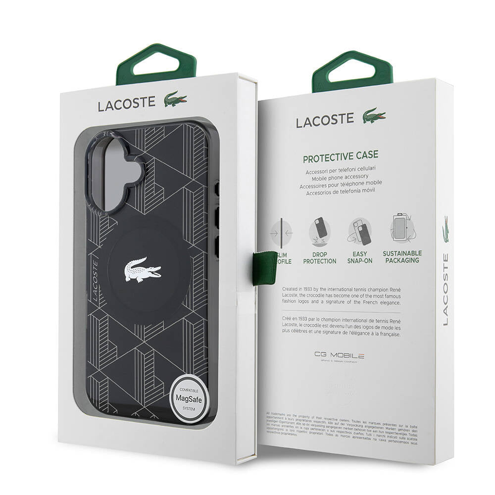 Apple iPhone 16 Kılıf Lacoste Orjinal Lisanslı Magsafe Şarj Özellikli IML Baskılı Gümüş Timsah Logolu Monogram Kapak Lacivert