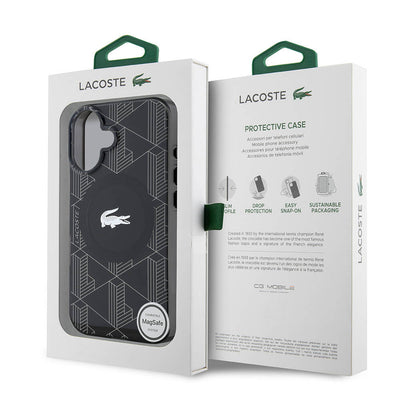 Apple iPhone 16 Kılıf Lacoste Orjinal Lisanslı Magsafe Şarj Özellikli IML Baskılı Gümüş Timsah Logolu Monogram Kapak Lacivert