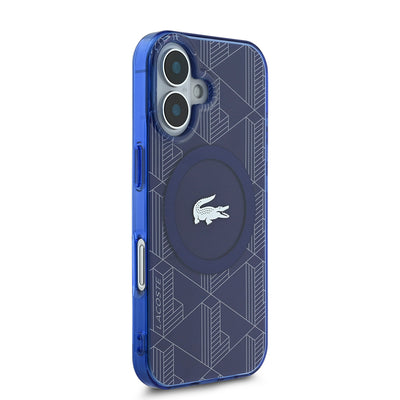 Apple iPhone 16 Kılıf Lacoste Orjinal Lisanslı Magsafe Şarj Özellikli IML Baskılı Gümüş Timsah Logolu Monogram Kapak Lacivert