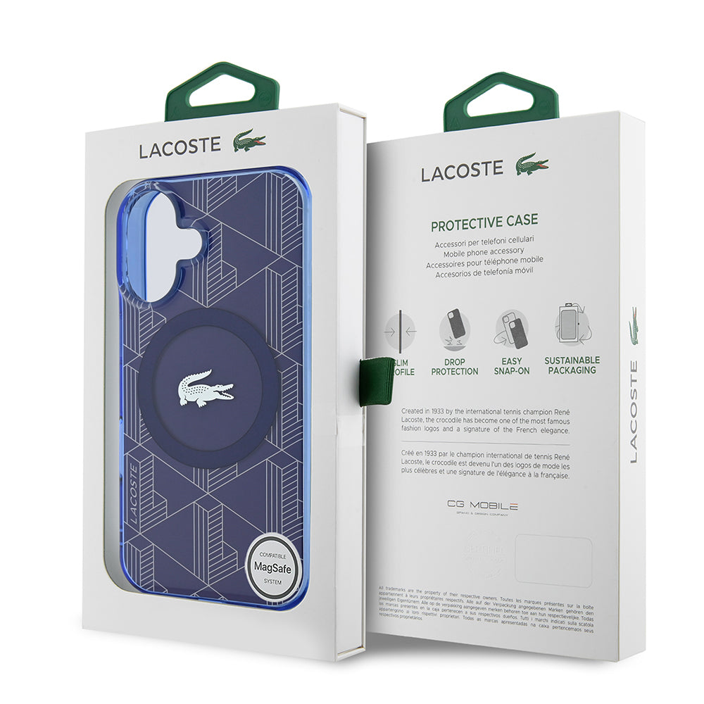 Apple iPhone 16 Kılıf Lacoste Orjinal Lisanslı Magsafe Şarj Özellikli IML Baskılı Gümüş Timsah Logolu Monogram Kapak Lacivert