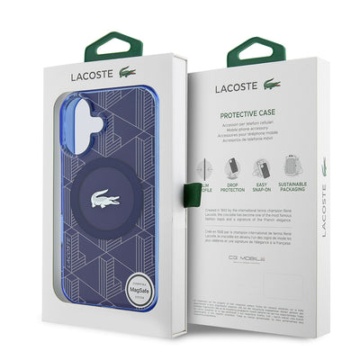 Apple iPhone 16 Kılıf Lacoste Orjinal Lisanslı Magsafe Şarj Özellikli IML Baskılı Gümüş Timsah Logolu Monogram Kapak Lacivert