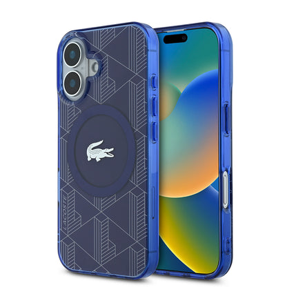 iPhone 16 Kılıf Lacoste Orjinal Lisanslı M-safe Şarj Özellikli IML Baskılı Gümüş Timsah Logolu Monogram Kılıf