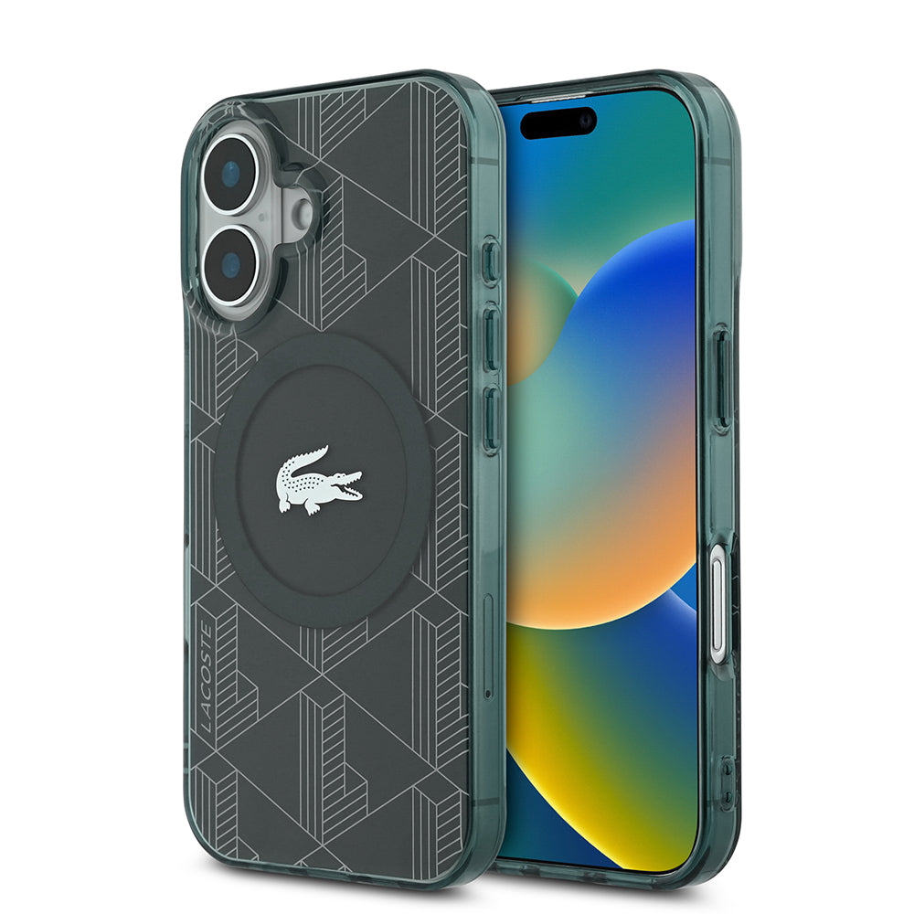 iPhone 16 Kılıf Lacoste Orjinal Lisanslı M-safe Şarj Özellikli IML Baskılı Gümüş Timsah Logolu Monogram Kılıf