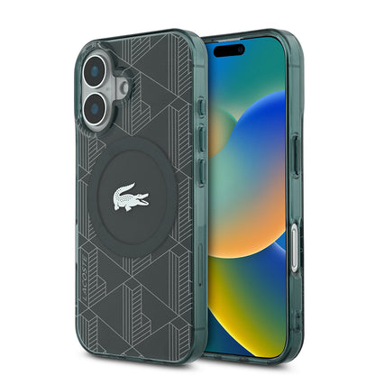 iPhone 16 Kılıf Lacoste Orjinal Lisanslı M-safe Şarj Özellikli IML Baskılı Gümüş Timsah Logolu Monogram Kılıf