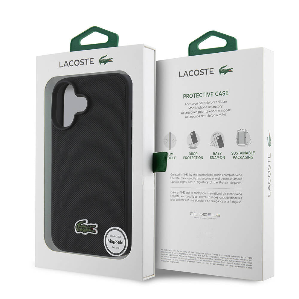 Apple iPhone 16 Kılıf Lacoste Orjinal Lisanslı PU Pike Desenli Arka Yüzey İkonik Timsah Dokuma Logolu Kapak Siyah