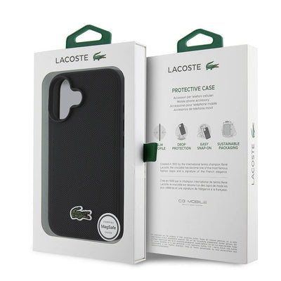 Apple iPhone 16 Kılıf Lacoste Orjinal Lisanslı PU Pike Desenli Arka Yüzey İkonik Timsah Dokuma Logolu Kapak Siyah