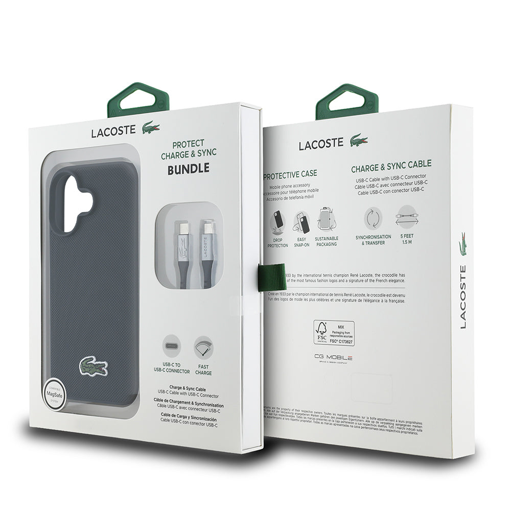 iPhone 16 Kılıf Lacoste Orjinal Lisanslı PU Pike Desenli Arka Yüzey İkonik Timsah Dokuma Logolu Kılıf + Type-C Kablo 1.5m