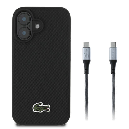 iPhone 16 Kılıf Lacoste Orjinal Lisanslı PU Pike Desenli Arka Yüzey İkonik Timsah Dokuma Logolu Kılıf + Type-C Kablo 1.5m