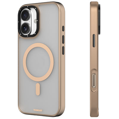Apple iPhone 16 Kılıf M-safe Şarj Özellikli Cam Arka Yüzey TPU Youngkit Gemstone Serisi Kapak Gold