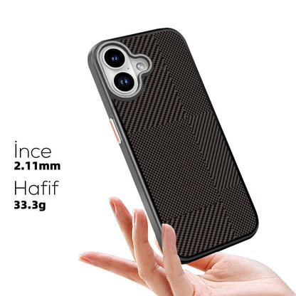 iPhone 16 Kılıf M-safe Şarj Özellikli Karbon Fiber Desenli Mutural Montage Kılıf