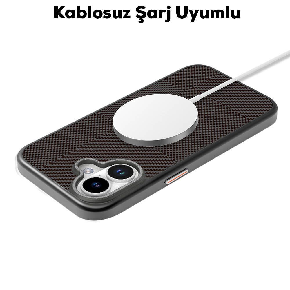 Apple iPhone 16 Kılıf Magsafe Şarj Özellikli Karbon Fiber Desenli Mutural Montage Kapak Mavi