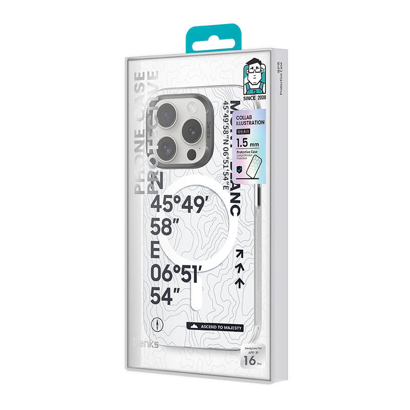 iPhone 16 Kılıf M-safe Şarj Özellikli Koordinat Yazı Desenli Benks Summit Serisi Kılıf