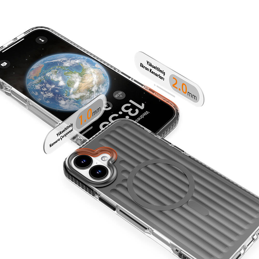 Apple iPhone 16 Kılıf Magsafe Şarj Özellikli Oyuklu Tasarım Mutural Bumpy Clear Kapak Gümüş