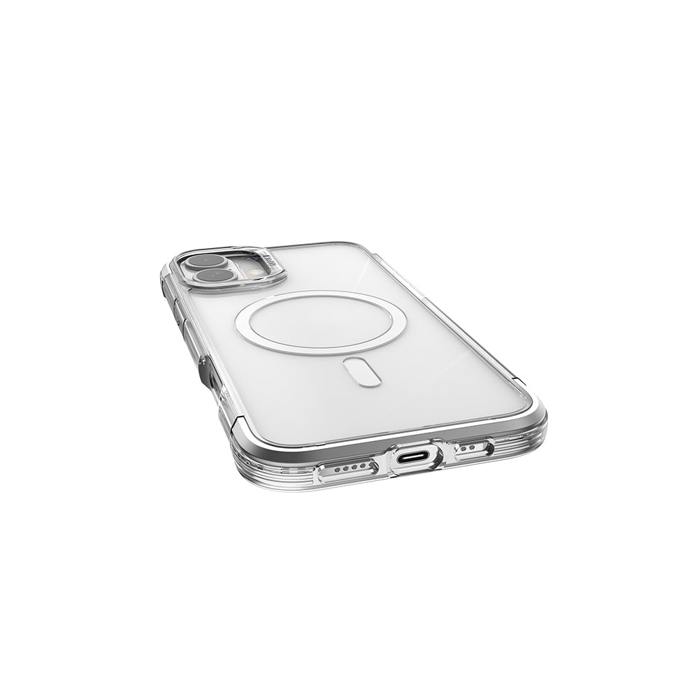 Apple iPhone 16 Kılıf Magsafe Şarj Özellikli Raptic Air Serisi Airbag Tasarımlı Metal Köşelikli Şeffaf Kapak Gümüş