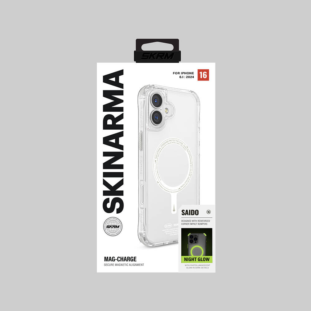 Apple iPhone 16 Kılıf Magsafe Şarj Özellikli Şeffaf Airbag Tasarımlı Skinarma Saido Nightglow Kapak Şeffaf