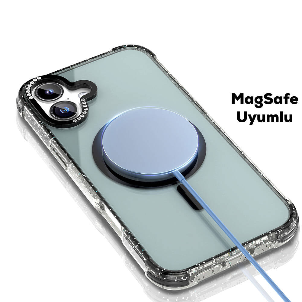 Apple iPhone 16 Kılıf Magsafe Şarj Özellikli Taşlı ve Simli Tasarım Mutural Blink Kapak Mavi