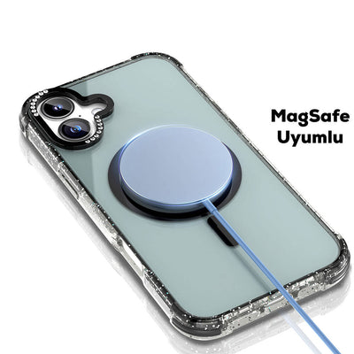 Apple iPhone 16 Kılıf Magsafe Şarj Özellikli Taşlı ve Simli Tasarım Mutural Blink Kapak Turuncu