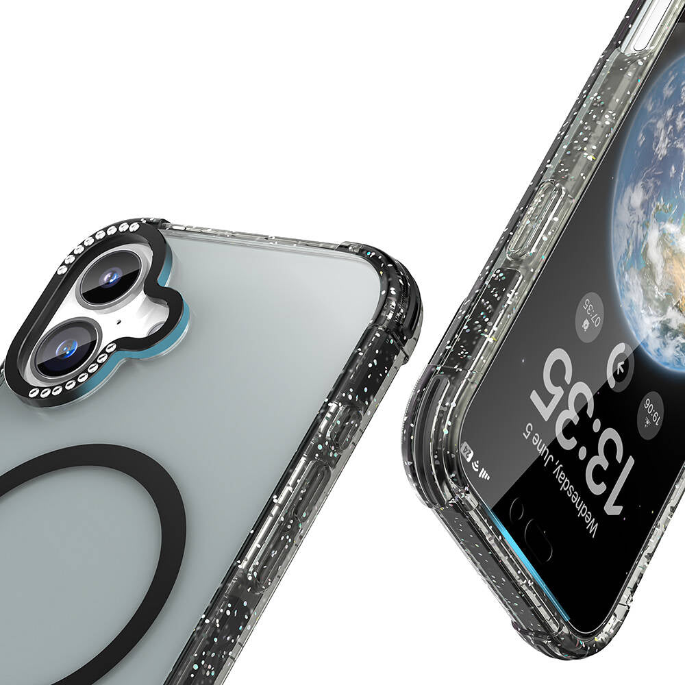 Apple iPhone 16 Kılıf Magsafe Şarj Özellikli Taşlı ve Simli Tasarım Mutural Blink Kapak Turuncu