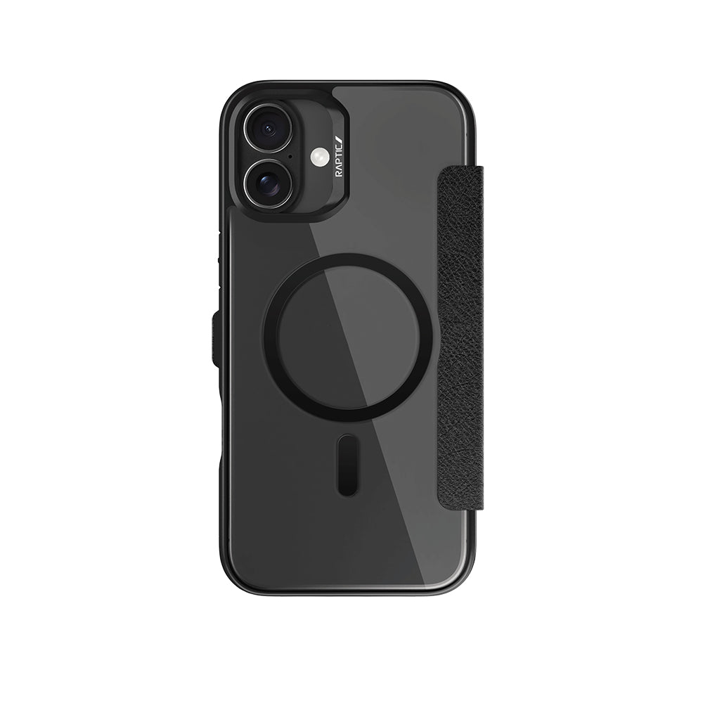 iPhone 16 Kılıf M-safe Şarj Özellikli Vegan Deri Tasarımlı Şeffaf Arka Yüzey Kartlıklı Raptic Urban Folio Serisi Kılıf