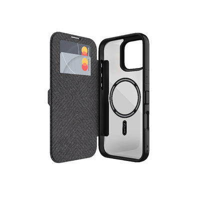 iPhone 16 Kılıf M-safe Şarj Özellikli Vegan Deri Tasarımlı Şeffaf Arka Yüzey Kartlıklı Raptic Urban Folio Serisi Kılıf