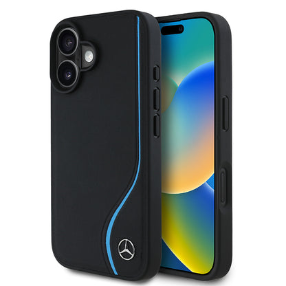 iPhone 16 Kılıf Mercedes Benz Orjinal Lisanslı M-safe Şarj Özellikli 3D Metal Logolu Mavi Dikey Eğri Çizgili Deri Kılıf