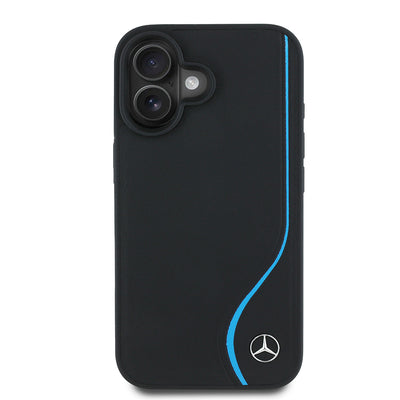 Apple iPhone 16 Kılıf Mercedes Benz Orjinal Lisanslı M-safe Şarj Özellikli 3D Metal Logolu Mavi Dikey Eğri Çizgili Deri Kapak Siyah