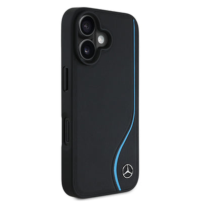 Apple iPhone 16 Kılıf Mercedes Benz Orjinal Lisanslı M-safe Şarj Özellikli 3D Metal Logolu Mavi Dikey Eğri Çizgili Deri Kapak Siyah