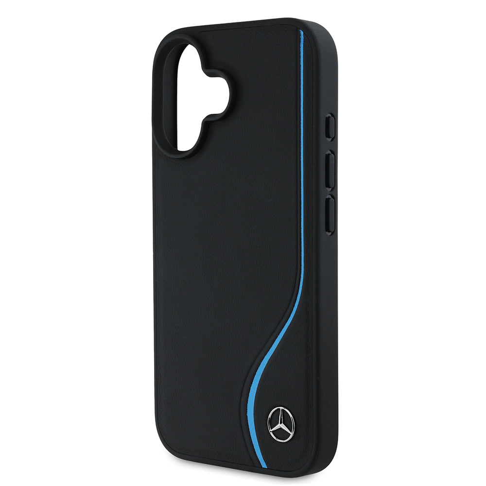 Apple iPhone 16 Kılıf Mercedes Benz Orjinal Lisanslı M-safe Şarj Özellikli 3D Metal Logolu Mavi Dikey Eğri Çizgili Deri Kapak Siyah