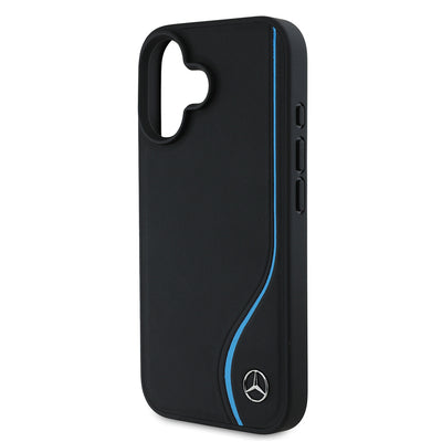 Apple iPhone 16 Kılıf Mercedes Benz Orjinal Lisanslı M-safe Şarj Özellikli 3D Metal Logolu Mavi Dikey Eğri Çizgili Deri Kapak Siyah