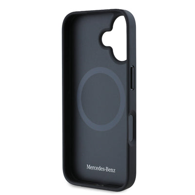 Apple iPhone 16 Kılıf Mercedes Benz Orjinal Lisanslı M-safe Şarj Özellikli 3D Metal Logolu Mavi Dikey Eğri Çizgili Deri Kapak Siyah