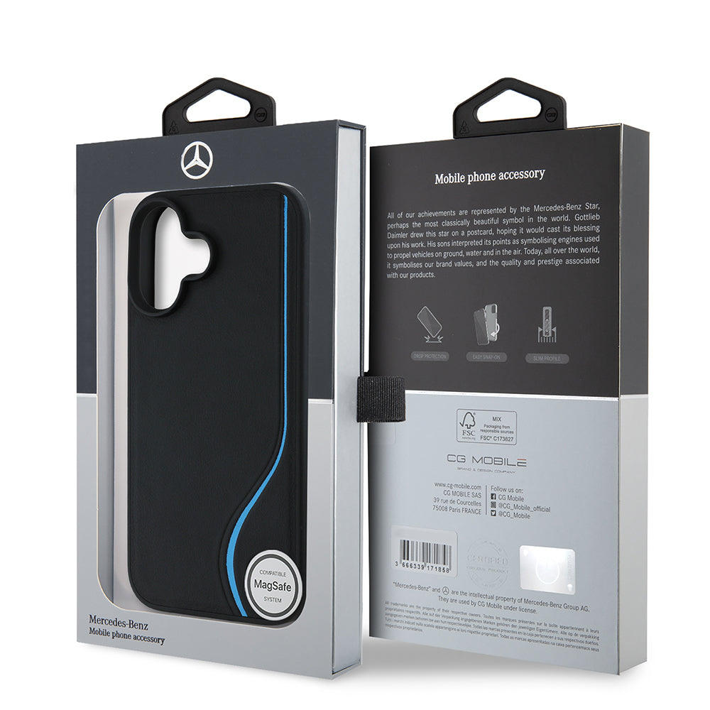 Apple iPhone 16 Kılıf Mercedes Benz Orjinal Lisanslı M-safe Şarj Özellikli 3D Metal Logolu Mavi Dikey Eğri Çizgili Deri Kapak Siyah