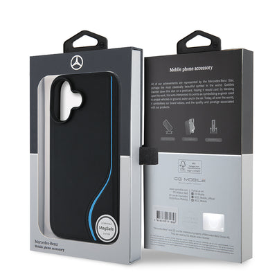 Apple iPhone 16 Kılıf Mercedes Benz Orjinal Lisanslı M-safe Şarj Özellikli 3D Metal Logolu Mavi Dikey Eğri Çizgili Deri Kapak Siyah