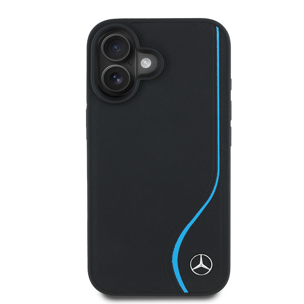 Apple iPhone 16 Kılıf Mercedes Benz Orjinal Lisanslı M-safe Şarj Özellikli 3D Metal Logolu Mavi Dikey Eğri Çizgili Deri Kapak Siyah
