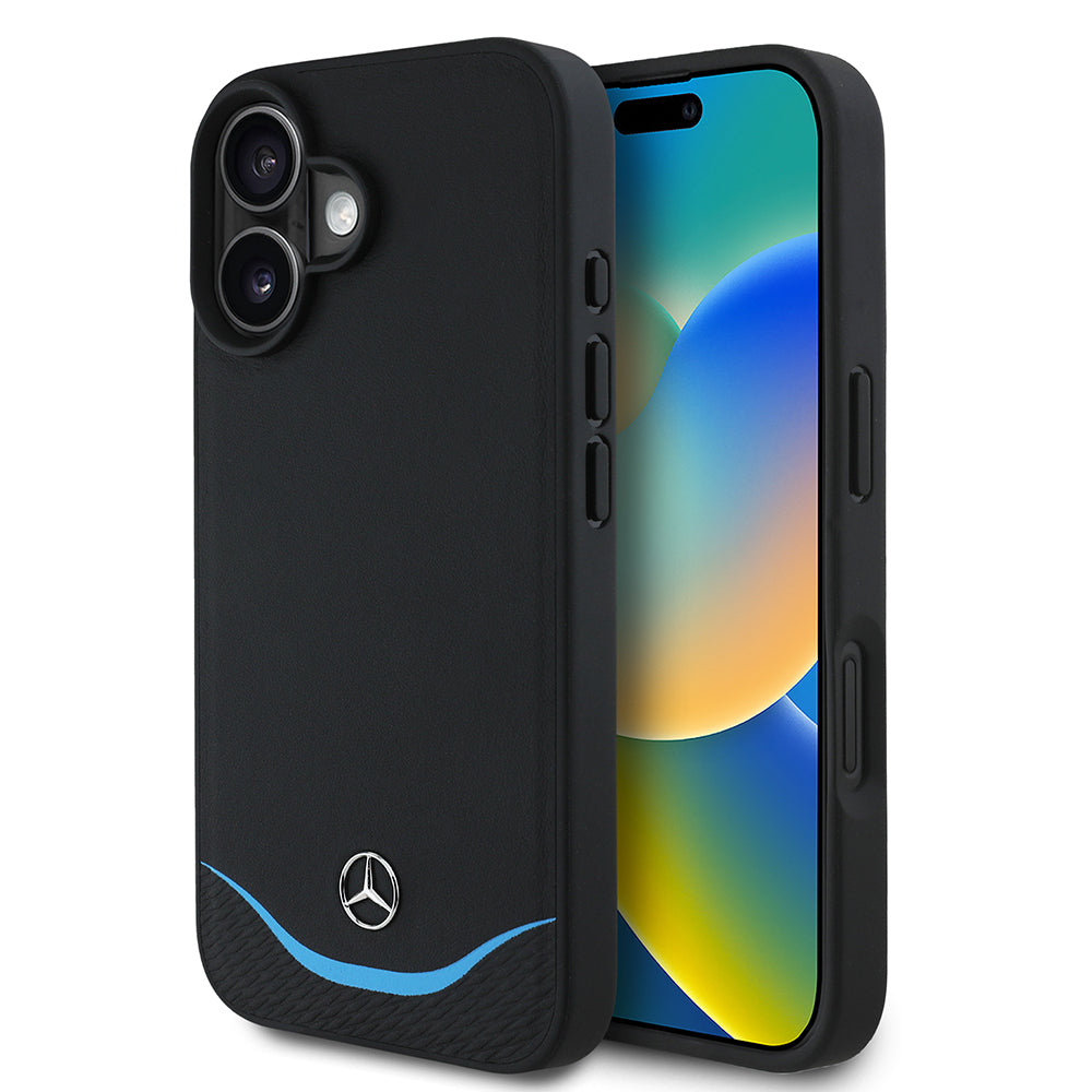 iPhone 16 Kılıf Mercedes Benz Orjinal Lisanslı M-safe Şarj Özellikli 3D Metal Logolu Mavi Yatay Eğri Çizgili Deri Kılıf