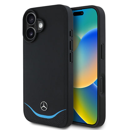 iPhone 16 Kılıf Mercedes Benz Orjinal Lisanslı M-safe Şarj Özellikli 3D Metal Logolu Mavi Yatay Eğri Çizgili Deri Kılıf