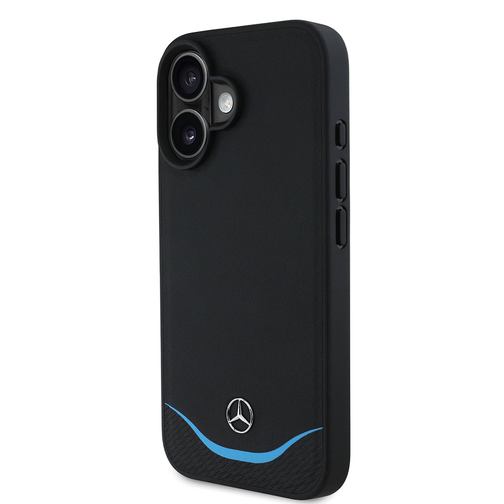 iPhone 16 Kılıf Mercedes Benz Orjinal Lisanslı M-safe Şarj Özellikli 3D Metal Logolu Mavi Yatay Eğri Çizgili Deri Kılıf