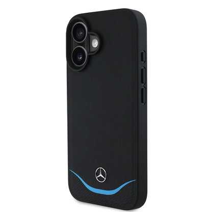 iPhone 16 Kılıf Mercedes Benz Orjinal Lisanslı M-safe Şarj Özellikli 3D Metal Logolu Mavi Yatay Eğri Çizgili Deri Kılıf