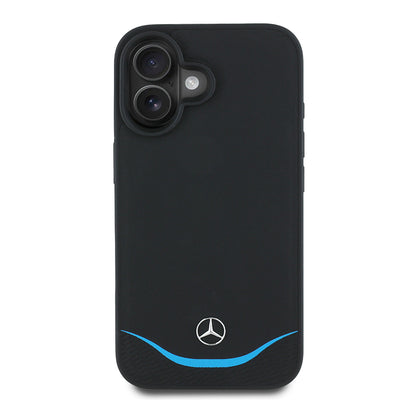 Apple iPhone 16 Kılıf Mercedes Benz Orjinal Lisanslı M-safe Şarj Özellikli 3D Metal Logolu Mavi Yatay Eğri Çizgili Deri Kapak Siyah